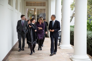 President Barack Obama walks with senior advisors on the Colonnade of the White House, Nov. 5, 2014. (Official White House Photo by Pete Souza)