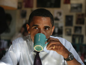 Democratic presidential candidate Barack Obama drinks coffee while having breakfast at Pamela's Diner in Pittsburgh in 2008.