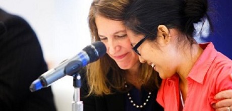 Photo of HHS Secretary Sylvia Burwell hugging Anne Ha during an event in Philadelphia.