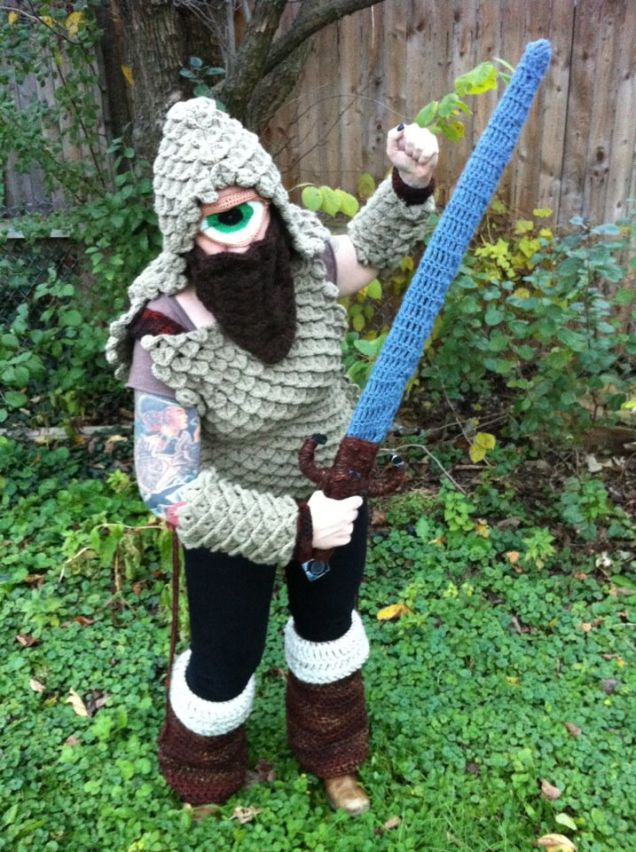 Crocheted cyclops costume brings out the softer side of swordplay
