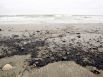 A black sticky oily substance is shown along the beach at the Texas City Dike near the barge spill cleanup site Sunday, March 23, 2014. Officials say the material is consistent with how oil could appear when it impacts beaches. However it would have to be analyzed to determine its origin.   (Melissa Phillip / Houston Chronicle)