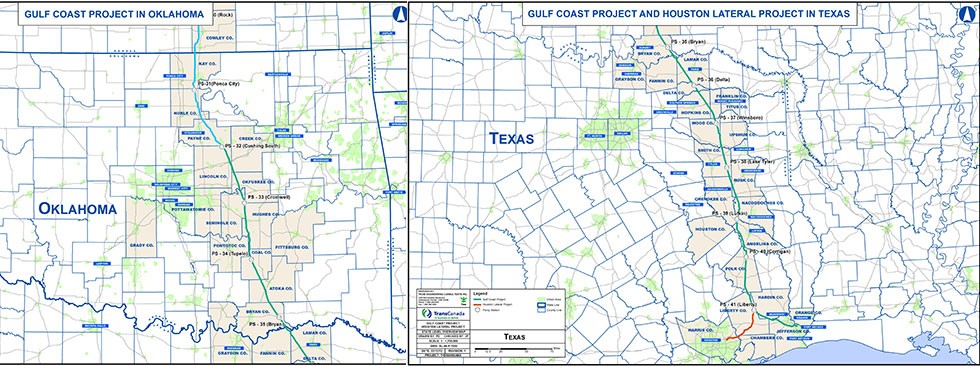 Gulf Coast Project Completed: Maps of pipeline route in Oklahoma and Texas.