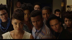 Tessa Thompson (foreground, left) and her friends take a dim view of racial stereotypes in Dear White People.