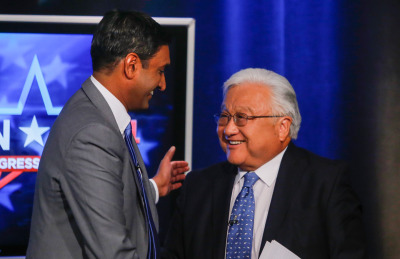 Left Democratic challenger Ro Khanna, left, and Rep. Mike Honda, D-San Jose, shake hands after their first and probably only general-election debate at KNTV NBC 11, in San Jose, Calif., on Monday, Oct. 6, 2014. (John Green/ Bay Area News Group)