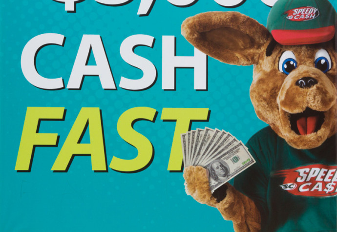 Speedy Roo, the mascot of the payday loan lender Speedy Cash, in an Austin advertisement.