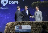 King Willem-Alexander, center, of the Netherlands greets DSM CEO and Chairman Feike Sijbesma, left, and POET Executive Chairman Jeff Broin during the opening of one of the nation's first commercial size cellulosic ethanol plants Iowa. (AP Photo/Charlie Neibergall)