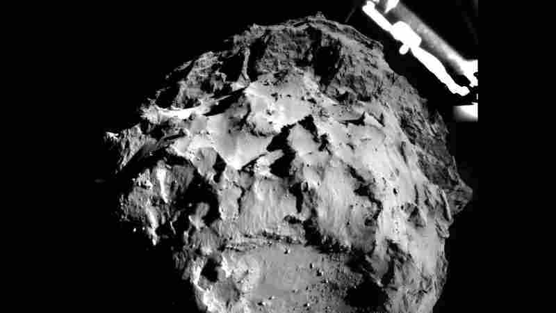 The Philae lander took this photo of its descent onto comet 67P Wednesday, when it was about 3 kilometers from the surface. The landing site is seen with a resolution of about 3 meters per pixel.