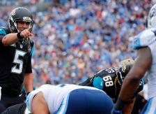 NASHVILLE, TN - OCTOBER 12: Blake Bortles #5 of the Jacksonville Jaguars calls a play at the line during the second quarter of a game against the Tennessee Titans at LP Field on October 12, 2014 in Nashville, Tennessee.