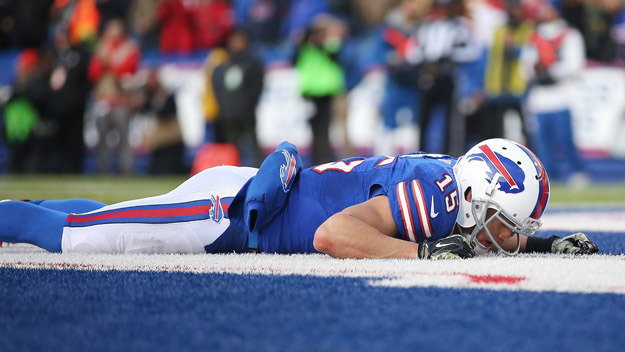 ORCHARD PARK, NY - NOVEMBER 09: Chris Hogan #15 of the Buffalo Bills reacts after missing a catch in the endzone during the second half against the Kansas City Chiefs at Ralph Wilson Stadium on November 9, 2014 in Orchard Park, New York.
