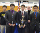 World Robot Olympiad national champions in the Open Senior category are (L-R in front) Charles Liu of Canton, and James Xue and Christopher Geng, both of Northville. With them are Lawrence Technological University Professor CJ Chung, national director of WRO, and Thomas Goulding, chair of LTU’s Department of Mathematics and Computer Science. (LTU photo)