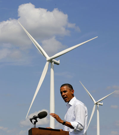 President Obama and wind turbine