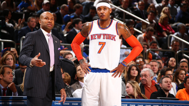 Derek Fisher speaks with Camelo Anthony. (Photo by Nathaniel S. Butler/NBAE via Getty Images)
