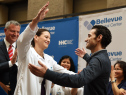 Dr. Craig Spencer (R) receives a hug from head physician Dr.Laura Evans at a news conference November 11, 2014 at Bellevue Hospital. (credit:  Don Emmert/AFP/Getty Images)