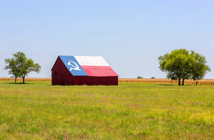 Photo illustration of a communist Texas barn.