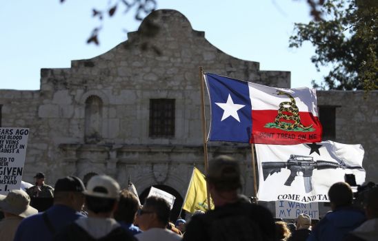 Flags fly at the Come And Take It San Antonio pro-gun rally on Saturday, Oct. 19, 2013. Several hundred pro-gun owners displayed their rifles and long arms at a rally on the grounds of the Alamo. The group later marched to Travis Park where the event concluded. (Kin Man Hui/San Antonio Express-News) Photo: San Antonio Express-News