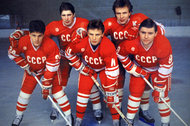The Soviet hockey team’s much-feared “K.L.M.” unit in 1984.