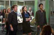 From left to right, John Gallagher, Jr., Emily Mortimer, and Dev Patel in The Newsroom, season 3, episode 1. 