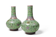 The Qianlong green-ground  ‘‘famille-rose’’ vases went to an Asian collector for £782,500 at Sotheby's sale.