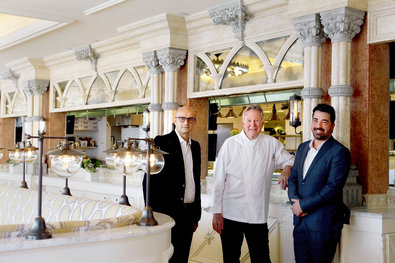 Jeremiah Tower, center, the new head chef at Tavern on the Green, with the owners, David Salama, left, and Jim Caiola, right.