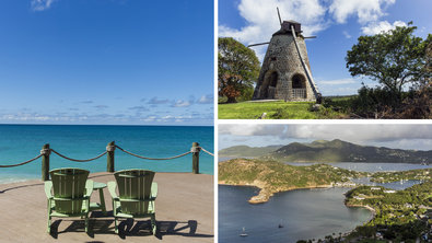 Left: View from Galley Bay Resort & Spa, a place to explore the glamorous side of Antigua. Top right: a windmill at Betty’s Hope, a former sugar plantation. Bottom right: English Harbour, a base for the British Navy in the 18th century.