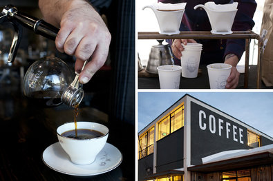 Clockwise from left: Pouring a siphon-brewed coffee at caffe d’bolla; pour-over coffee from Charming Beard; the exterior of Publik Coffee Roasters.