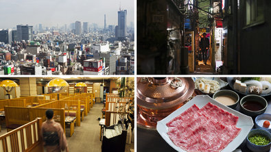 Clockwise from top left: elevated view of Shinjuku; Golden Gai, a hodgepodge of alleyways; beef at Shabuzen, and inside the restaurant.