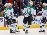 Jamie Benn congratulates Tyler Seguin of the Dallas Stars after he scored his third goal of the game during the third period against the Columbus Blue Jackets on October 14, 2014 at Nationwide Arena in Columbus, Ohio. Dallas defeated Columbus 4-2. (Photo by Kirk Irwin/Getty Images)