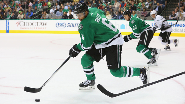 Trevor Daley of the Dallas Stars skates the puck against the Los Angeles Kings at American Airlines Center on November 4, 2014 in Dallas, Texas. (credit: Ronald Martinez/Getty Images)