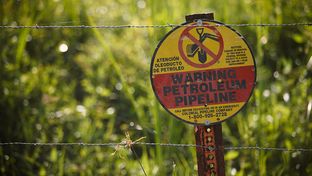 One of the many pipeline markers sprinkled across David Holland's family farm near Beaumont, Texas. Holland is involved in major litigation involving common carrier status against Denbury Resources, which built a pipeline across his land.