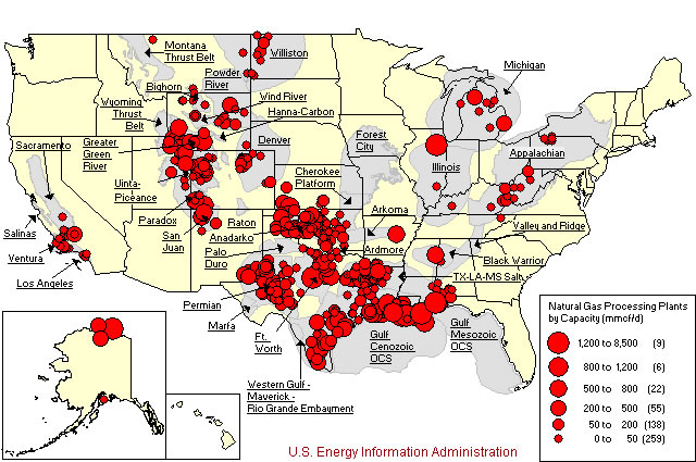 Figure 1. Natural Gas Processing Plants and Production Basins,  2009
