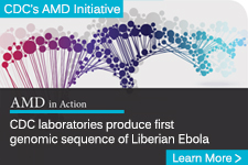 illustration of colorful DNA strand behind the text - CDC laboratories produce first genomic sequence of Liberian Ebola