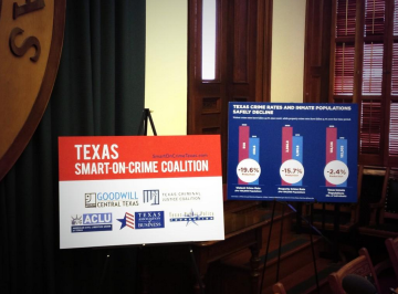 Placards at the launch of the Texas Smart-on-Crime Coalition
