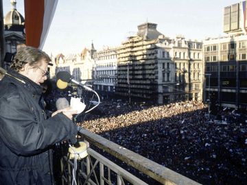 Vaclav Havel addresses a pro-democratic rally In Wenceslas Square in Prague on December 10, 1989