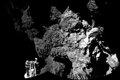 A two-image panorama taken by the Philae lander from the surface of Comet 67P/Churyumov-Gerasimenko.