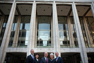 In front of Avery Fisher Hall, from left: Philip Kirschner; Katherine G. Farley, Lincoln Center’s chairwoman; Jed Bernstein, Lincoln Center’s president; Nancy Fisher; and Charles Avery Fisher.