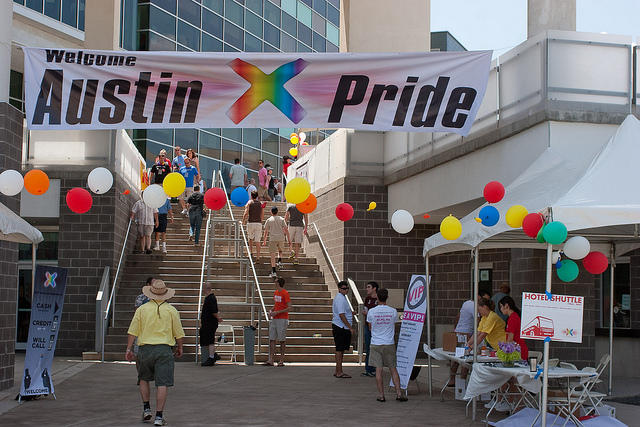 A banner at the city-owned Long Center welcomes people celebrating gay pride in 2010. 