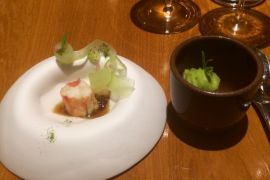 King crab in a crab broth with ribbons of fennel and celery leaves. Accompanied by a tarragon sorbet.