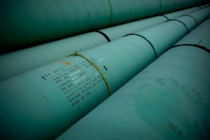 Pipe is stacked at the southern site of the Keystone XL pipeline on March 22, 2012 in Cushing, Oklahoma.
