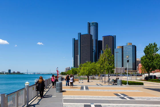 The Renaissance Center city skyline and the Detroit River viewed from Milliken State Park, Detroit, Michigan.