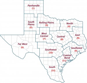 Map of the 12 Texas A&M AgriLife Extension Service Districts