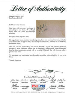 PSA provided a letter of authenticity endorsing the Lindbergh signature in May 2008.