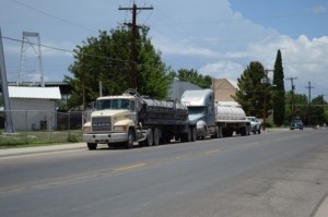 Trucks wait to be filled with water purchased from the City of Marfa 