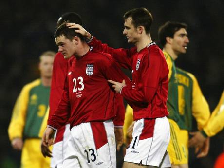 Francis Jeffers with Wayne Rooney at the end of their debut, England’s friendly against Australia in 2003