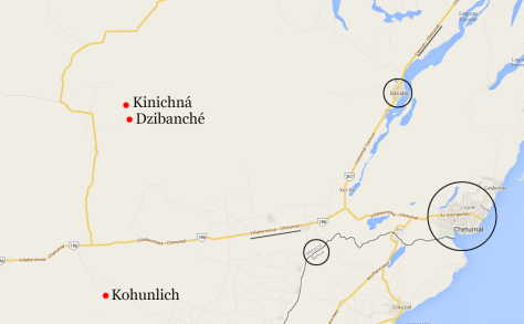 Mapa de ubicación de Dzibanche, Kinichná y Kohunlich. Resaltadas ciudades y principales carreteras.