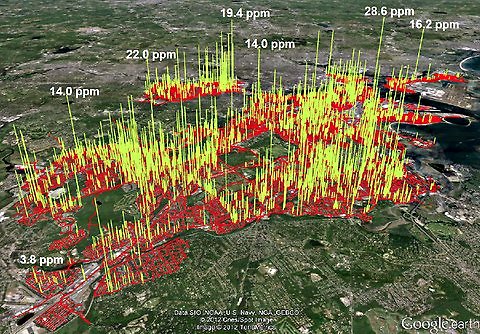 Methane leaks in Boston area. Yellow indicates methane levels above 2.5 parts per million. Via NY Times.