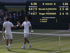 Novak Djokovic of Serbia shakes hands after defeating Roger Federer of Switzerland in the men's singles final at Wimbledon in July.