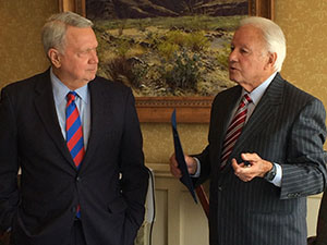 Austin Mayor Lee Leffingwell, left, gave a proclamation Monday (Aug. 4, 2014) to former Louisiana governor Edwin Edwards during an appearance at the Headliners Club. Photo courtesy of the Edwin Edwards campaign for Congress.