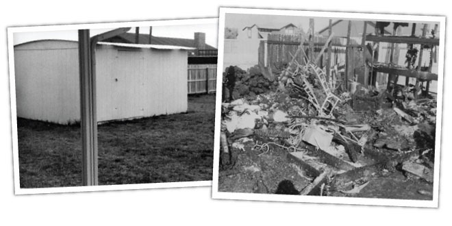 The backyard shed, before and after the fire that killed Joby and Jason Graf.