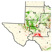 Map of active oil (green dots) and gas wells (red dots) in the Permian Basin. Click on map to view a higher resolution image.