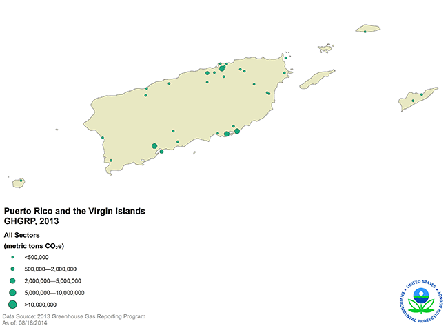 Map of Puerto Rico and the Virgin Islands showing locations of direct-emitting facilities.